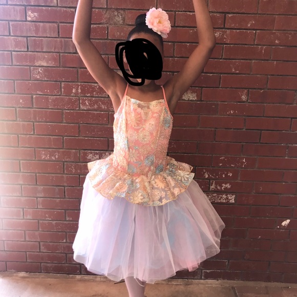 Coral &Gold Ballet One Piece with tulle/ w Flower - Picture 5 of 5